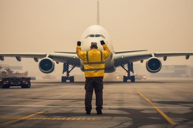 L'assistente di volo segnala con segnali luminosi a un aereo IA generativa