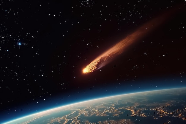 L'asteroide cade a terra contro un cielo stellato AI