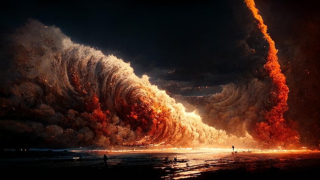 L'asteroide in fiamme è caduto nell'oceano CG Digital Art Spettacolare illustrazione