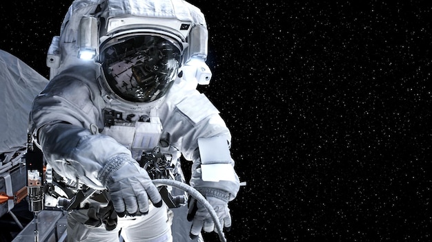 L'astronauta astronauta fa una passeggiata nello spazio mentre lavora per una missione di volo spaziale