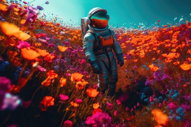 L'astronauta cammina in un campo pieno di fiori colorati su un pianeta alieno IA generativa