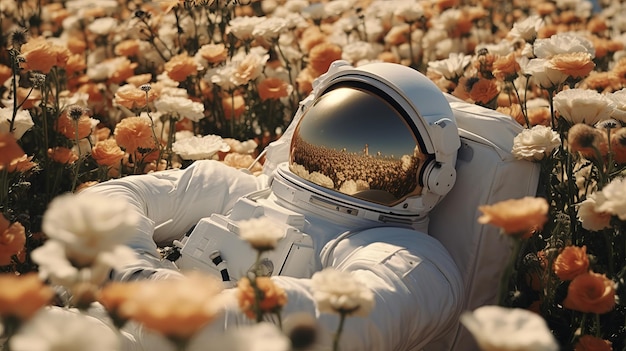 L'astronauta giace in un campo di rose.