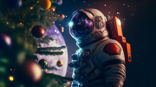 L'astronauta irriconoscibile si trova accanto all'arte generata dalla rete neurale dell'albero di Natale decorato