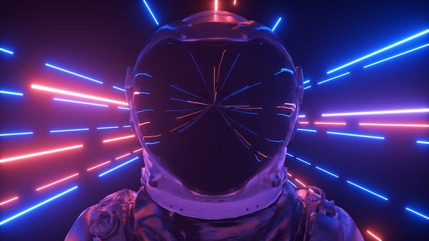 L'astronauta nel primo piano dello spazio al neon i raggi luminosi del neon volano dall'illustrazione d