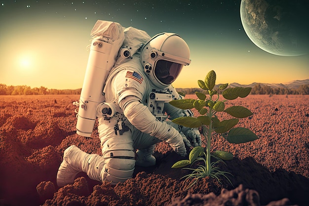 L'astronauta pianta un albero su un pianeta della galassia Concetto futuro IA generativa