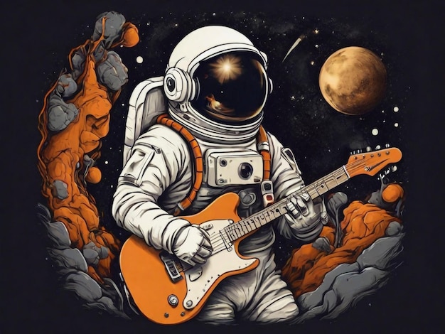 L'astronauta rimane con il design della maglietta della chitarra