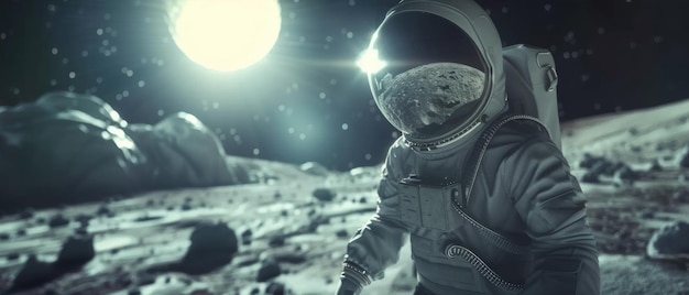 L'astronauta saluta un corpo celeste in piedi sulla superficie lunare