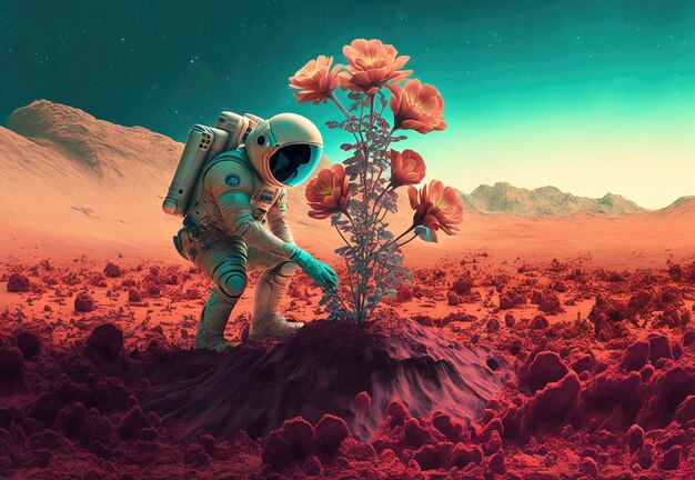 L'astronauta scopre e ricerca un grande fiore o pianta su un pianeta alieno AI generativa
