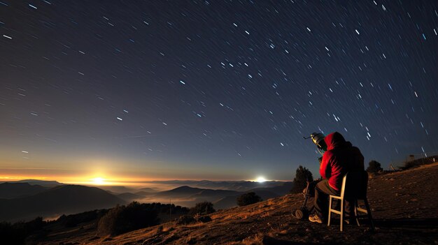 L'astronomo con il cappello di Babbo Natale studia la notte stellata