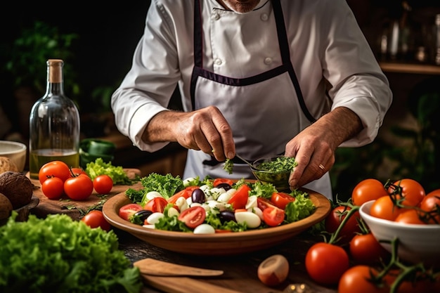 L'atleta di mezza età taglia l'insalata di verdure di cetriolo e pomodoro Cibo vegetariano AI generativa