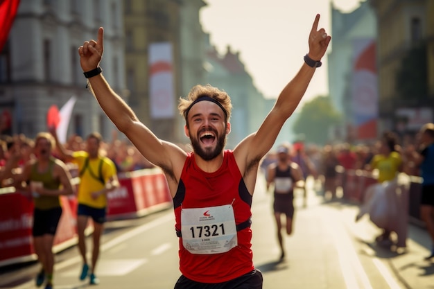 L'atleta trionfa nella maratona circondato da spettatori esultanti