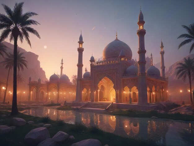 L'atmosfera del Ramadan La bellissima moschea LowPoly nella gloria cinematografica generata dall'AI