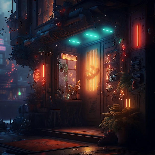L'atmosfera natalizia a tarda notte in una città futuristica cyberpunk