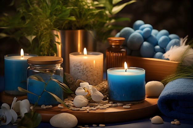 L'atmosfera tranquilla della spa catturata in un'esposizione dall'alto di candele aromatiche e oli essenziali