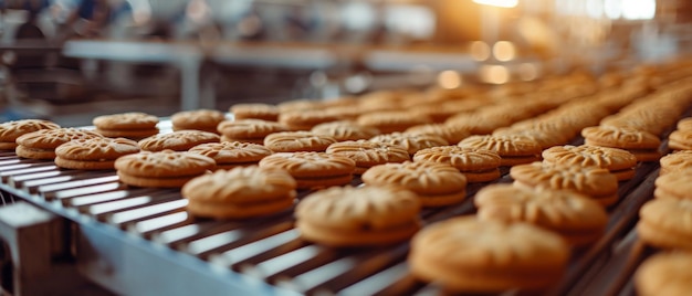 L'atmosfera vibrante di una fabbrica di dolci, biscotti cotti su un nastro trasportatore