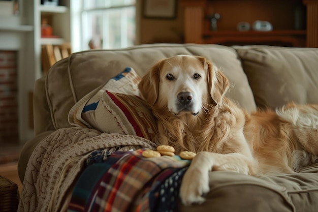 L'attentivo golden retriever che aspetta sul divano con i dolcetti