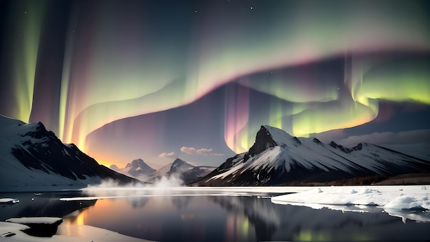 L'aurora boreale sul lago nel paesaggio innevato delle montagne invernali Sfondo dell'aurora boreale