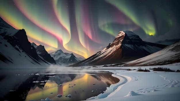 L'aurora boreale sul lago nel paesaggio innevato delle montagne invernali Sfondo dell'aurora boreale