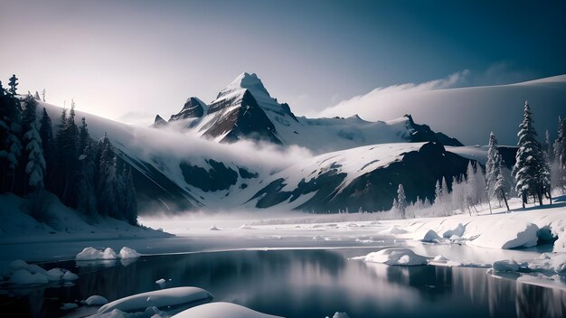 L'aurora boreale sul lago nel paesaggio innevato delle montagne invernali Sfondo dell'aurora boreale