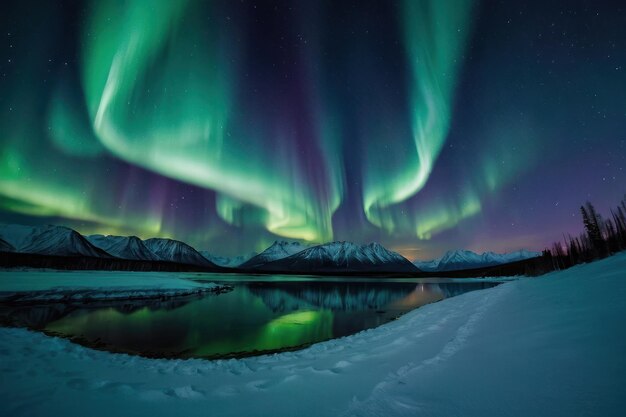 L'aurora boreale vibrante sulle cime innevate