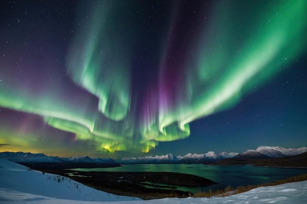 L'aurora boreale vibrante sulle cime innevate