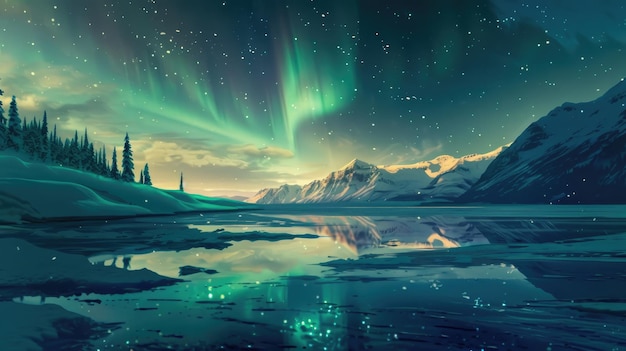 L'Aurora Borealis danza sopra un lago ghiacciato in armonia ecologica