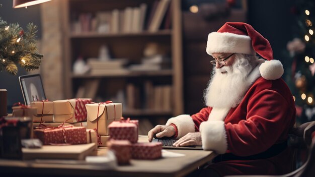 L'autentico Babbo Natale sta lavorando su un tavolo per l'interno della casa in previsione di Natale e Capodanno