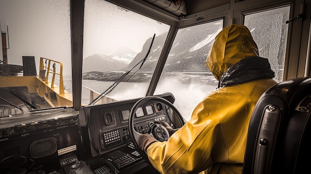 L'autista dell'autobus con il impermeabile giallo