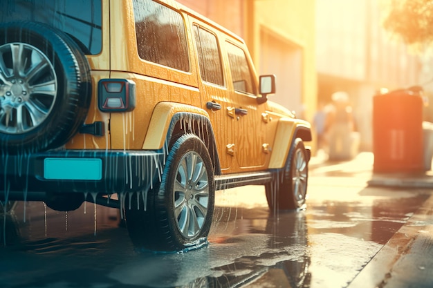 L'auto al lavandino dell'auto schiuma di sapone sull'auto servizio auto AI generato