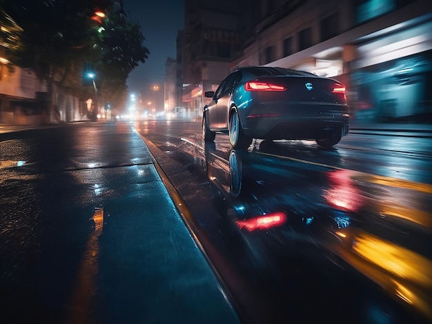 L'auto attraversa le strade della città riflettendosi nell'asfalto bagnato di notte