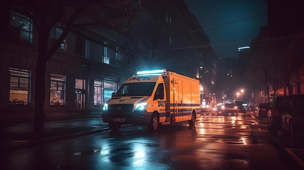 L'auto dell'ambulanza di emergenza si muove velocemente nel quartiere del centro della città americana di notte con l'arte generata dalla rete neurale del motion blur
