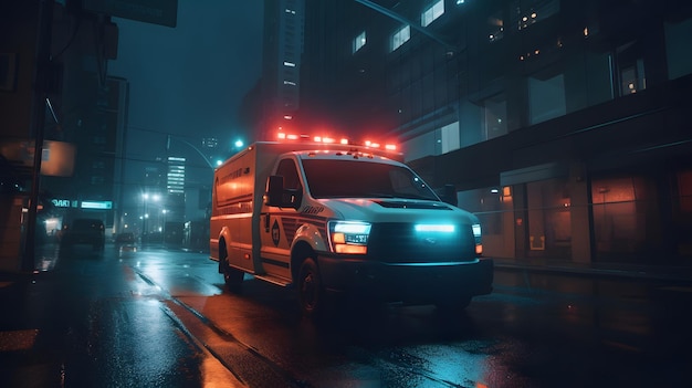 L'auto dell'ambulanza di emergenza si muove velocemente nella notte del quartiere del centro della città americana con sfocatura del movimento Rete neurale generata nel maggio 2023 Non basata su scene o schemi di persone reali