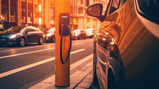 L'auto è collegata da un cavo alla stazione di ricarica dei veicoli elettrici Stazione di ricalco dei veicoli elettriche moderne Auto elettriche Il concetto di energia verde creato con la tecnologia generativa AI