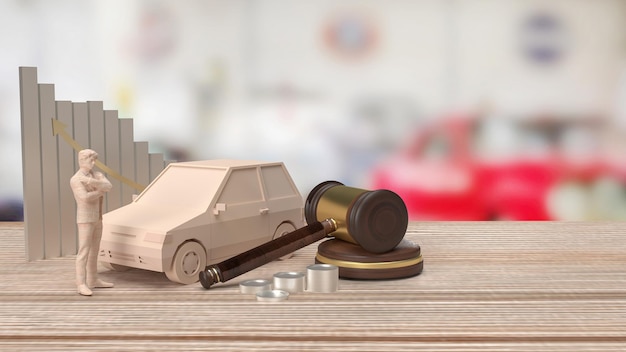 L'auto e il martello di legno per l'asta di auto concetto 3D rendering