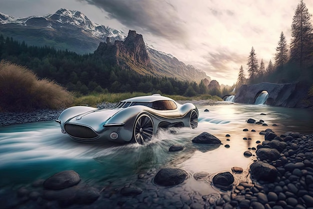 L'auto futuristica attraversa il fiume impetuoso in uno splendido scenario naturale