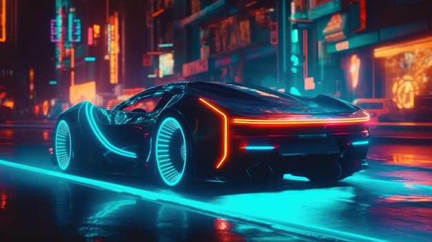 L'auto futuristica attraversa la città al neon nel concetto tecnologico