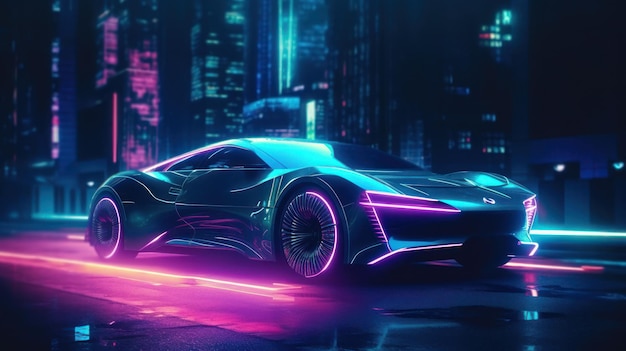 L'auto futuristica attraversa la città al neon nel concetto tecnologico