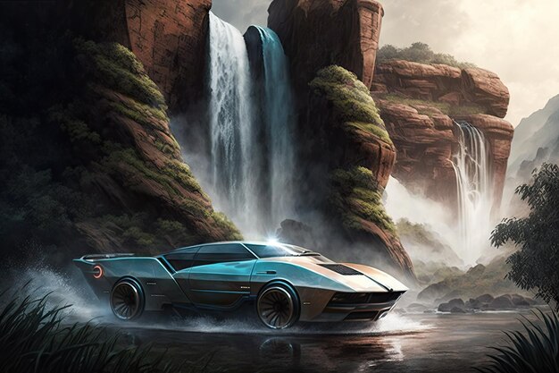 L'auto futuristica passa davanti a un'imponente cascata con nebbia e spruzzi sullo sfondo