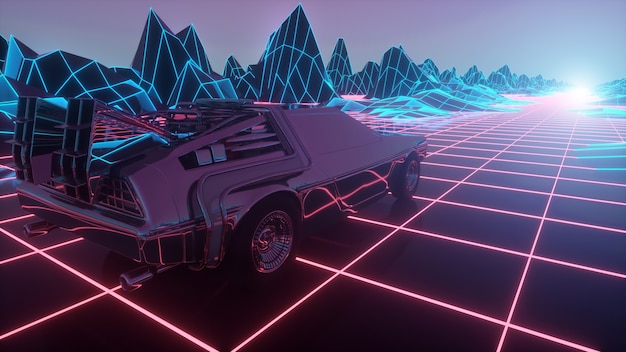 L'auto futuristica retrò si muove su un paesaggio al neon virtuale