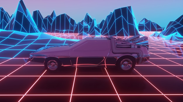 L'auto in stile anni '80 si muove su un paesaggio al neon virtuale