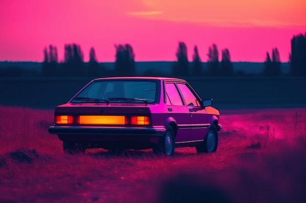 L'auto in stile Synthwave è all'aperto Bella immagine illustrativa IA generativa