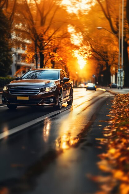 L'auto si muove su una strada umida della città sotto i raggi del sole al tramonto