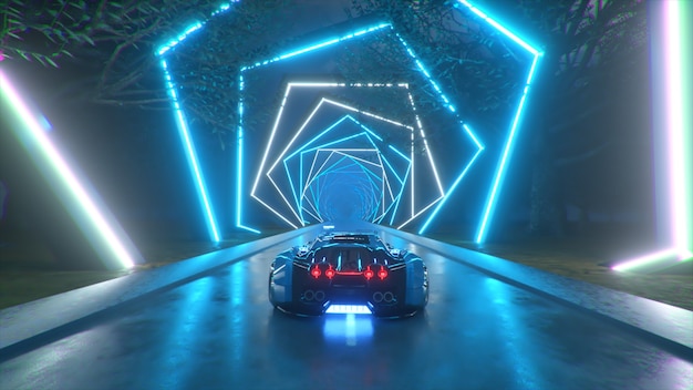 L'auto si precipita ad alta velocità attraverso un concetto futuristico di tunnel tecnologico al neon senza fine