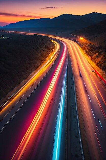 L'auto si precipita sull'autostrada una pista notturna con luci colorate luci notturne dell'auto