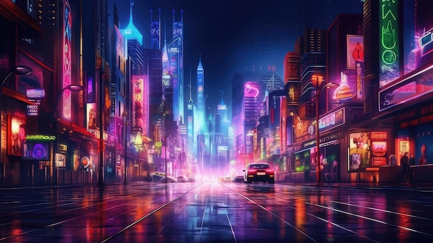 L'auto sportiva della città al neon guida lungo una strada vuota della città incandescente di notte Blu viola AI generato