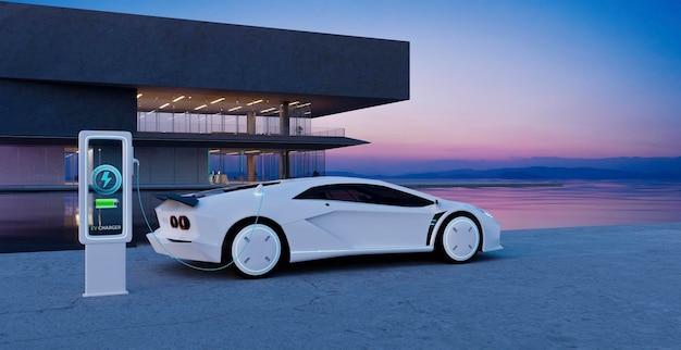 L'auto sportiva elettrica 3D è parcheggiata e caricata all'esterno dell'edificio moderno