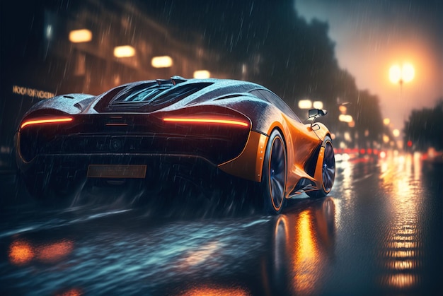 L'auto sportiva guida sulla strada della città sotto la pioggia auto di lusso sulla strada urbana di notte IA generativa