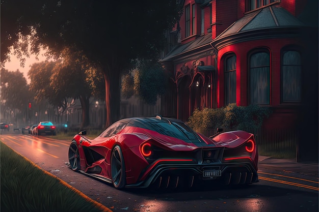 L'auto sportiva rossa si è fermata sulla strada vicino alla casa hypercar si precipita attraverso la città