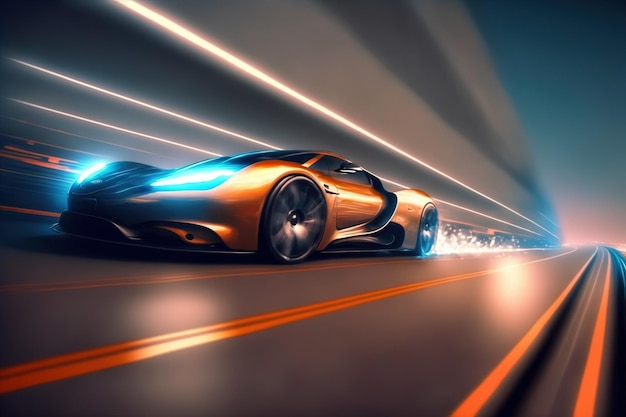 L'auto sportiva veloce in corsa guida su strada autostradale con effetti di sfocatura di movimento