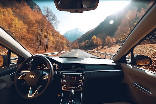 L'auto sta guidando lungo una bellissima strada autunnale la vista da dietro l'auto AI